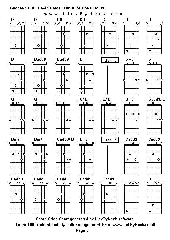 Chord Grids Chart of chord melody fingerstyle guitar song-Goodbye Girl - David Gates - BASIC ARRANGEMENT,generated by LickByNeck software.